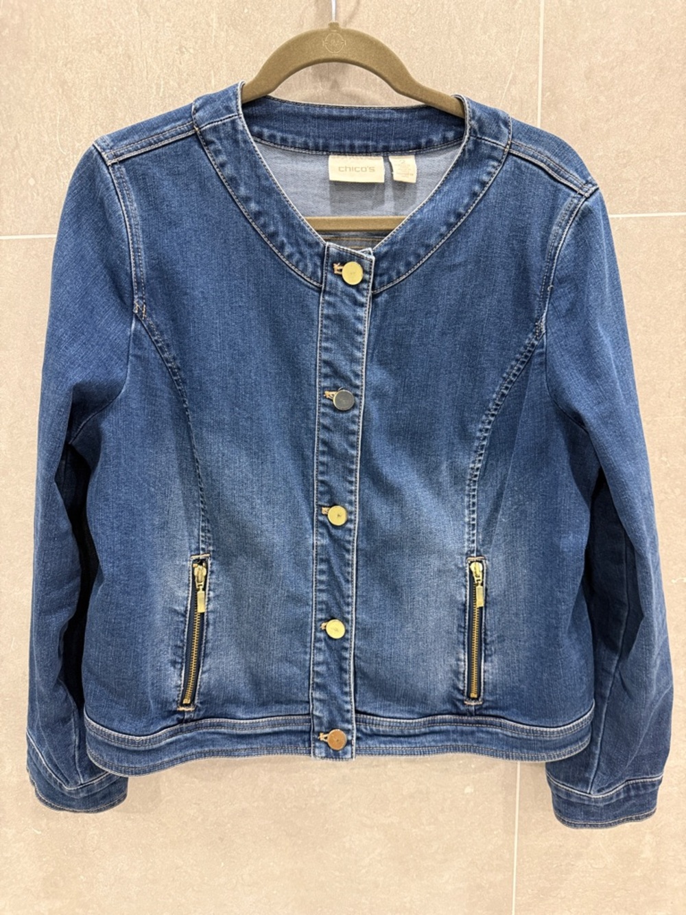 Chico's Blue Denim Jacket with Gold Buttons and Zippers